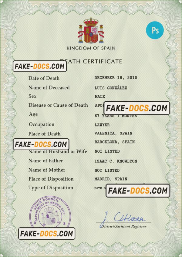 Spain death certificate PSD template, completely editable scan