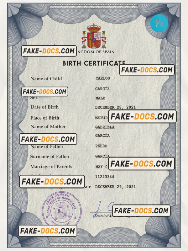 Spain vital record birth certificate PSD template, fully editable scan