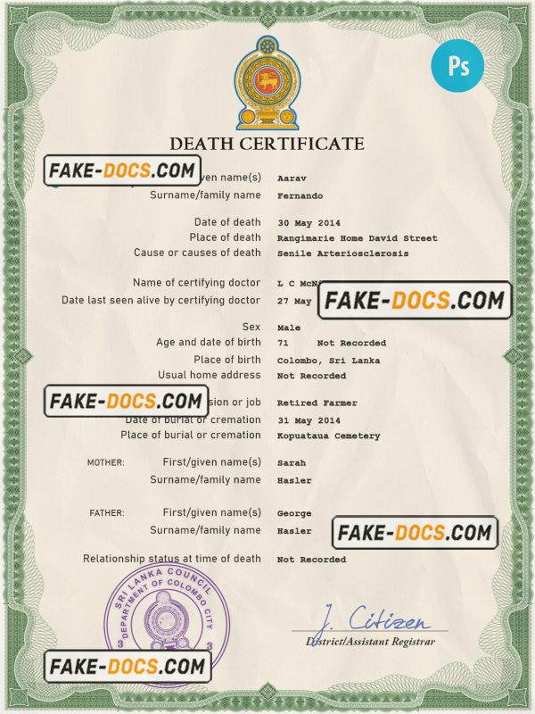 Sri Lanka vital record death certificate PSD template scan