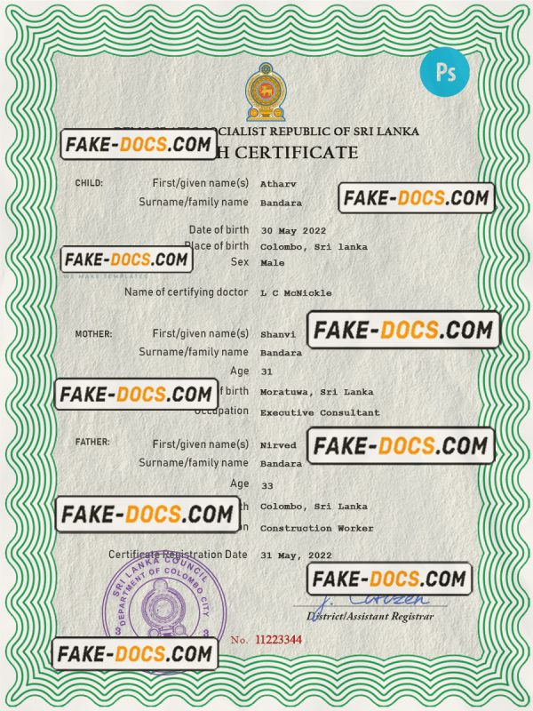 Sri Lanka vital record birth certificate PSD template scan