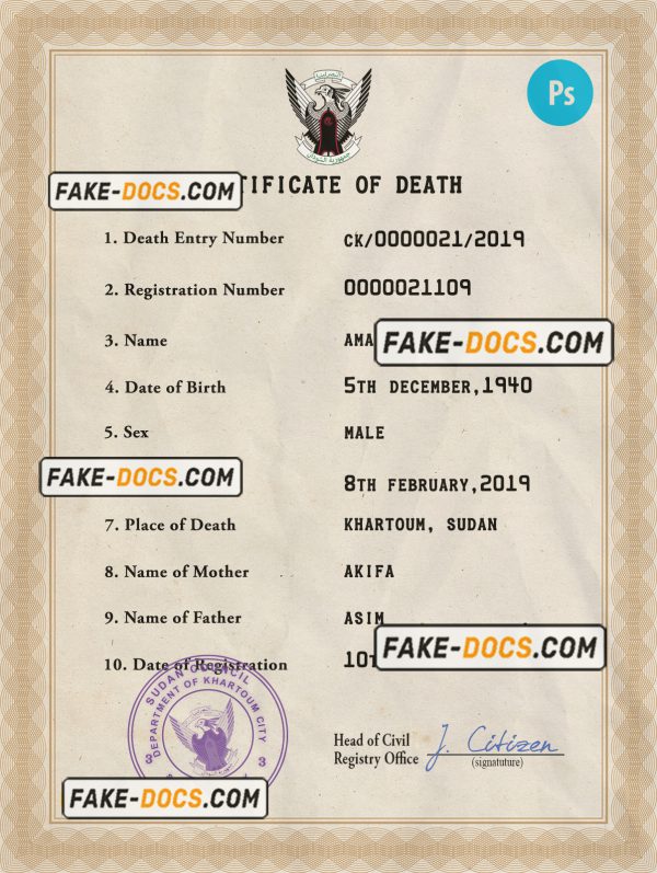 Sudan death certificate PSD template, completely editable scan