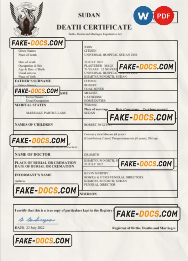Sudan vital record death certificate Word and PDF template scan