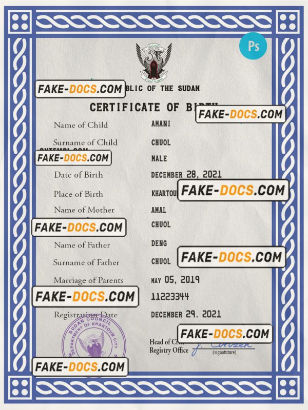 Sudan vital record birth certificate PSD template scan