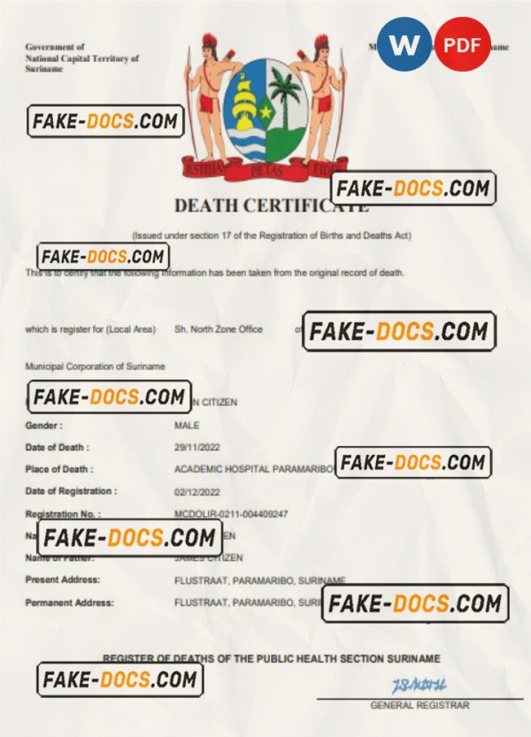 Suriname death certificate Word and PDF template, completely editable scan