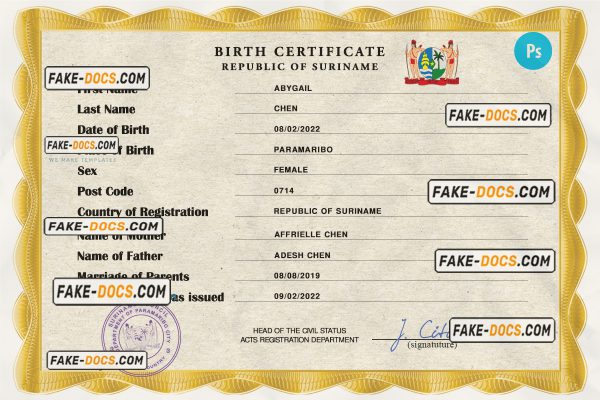 Suriname birth certificate PSD template, completely editable