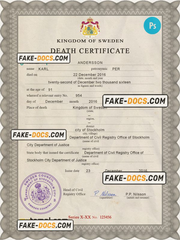 Sweden vital record death certificate PSD template, fully editable scan