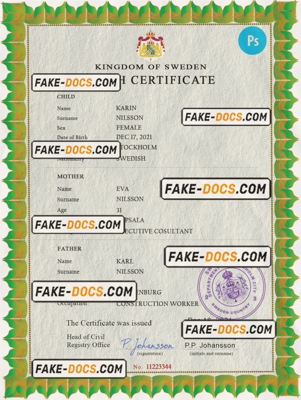 Sweden vital record birth certificate PSD template, fully editable scan