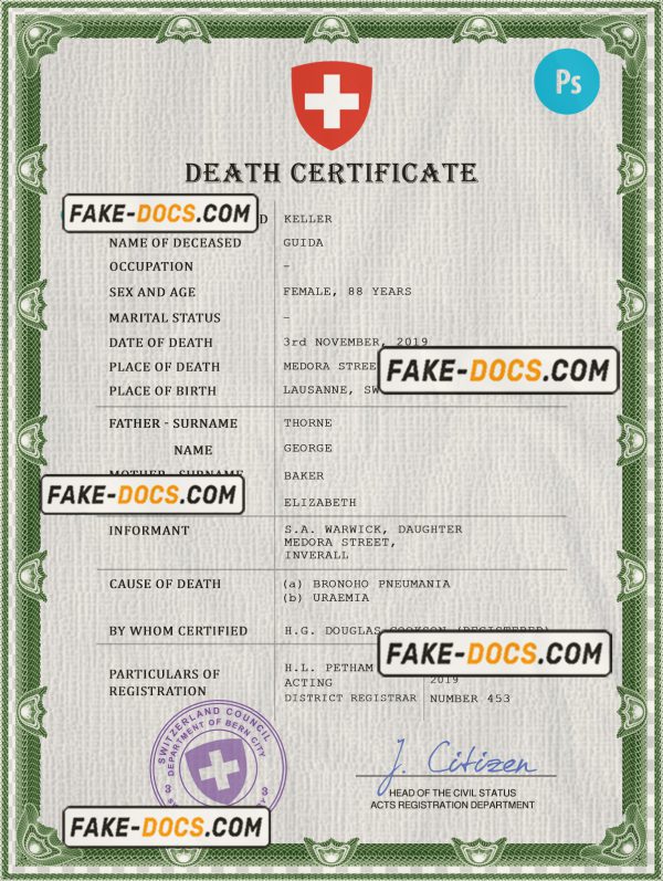 Switzerland death certificate PSD template, completely editable scan