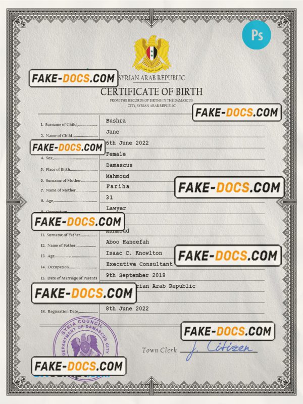 Syria birth certificate PSD template, completely editable scan