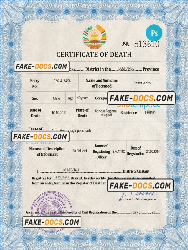 Tajikistan vital record death certificate PSD template, completely editable scan