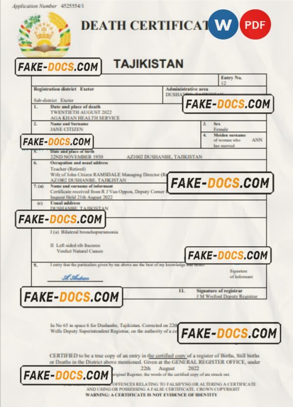 Tajikistan vital record death certificate Word and PDF template scan