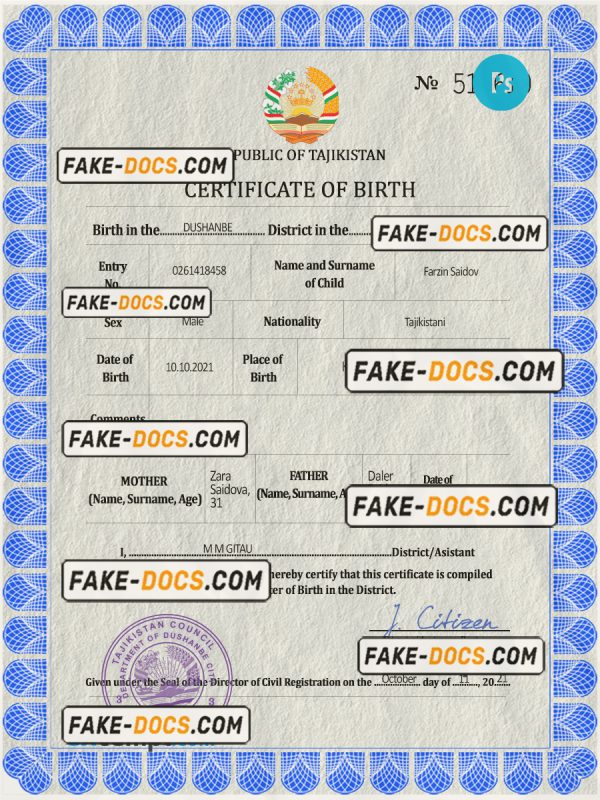 Tajikistan vital record birth certificate PSD template scan