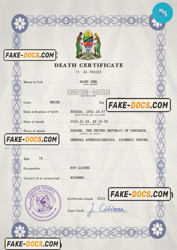 Tanzania vital record death certificate PSD template, fully editable scan