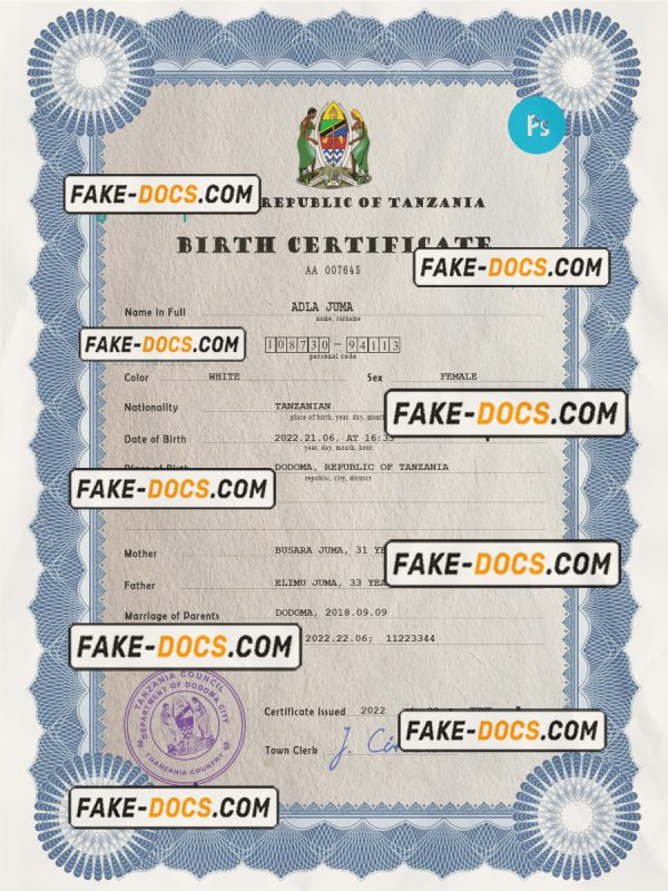 Tanzania birth certificate PSD template, completely editable scna