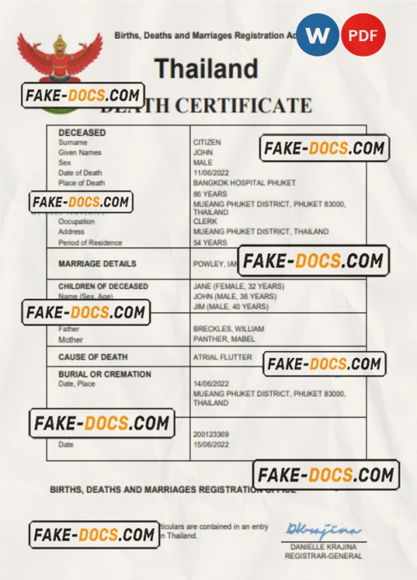 Thailand death certificate Word and PDF template, completely editable scan