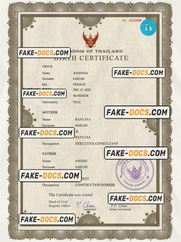 Thailand vital record birth certificate PSD template, fully editable scan