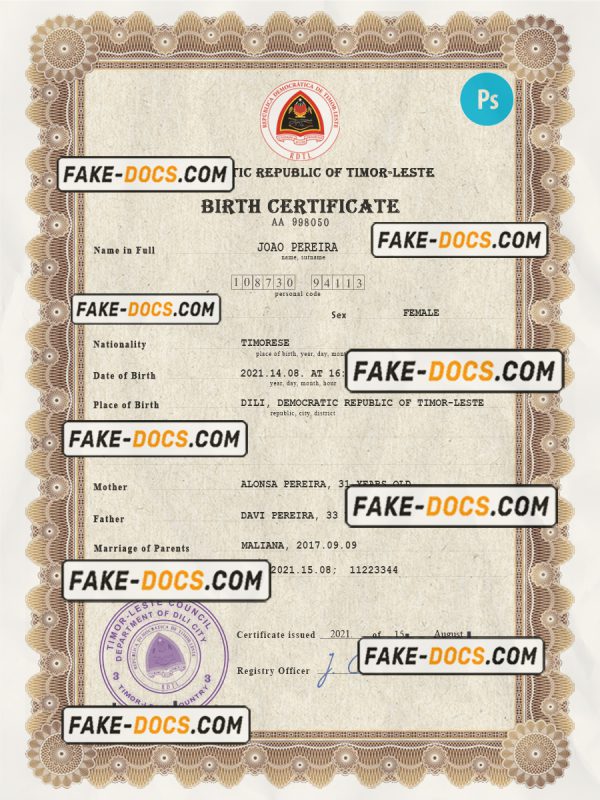 Timor-Leste vital record birth certificate PSD template scan