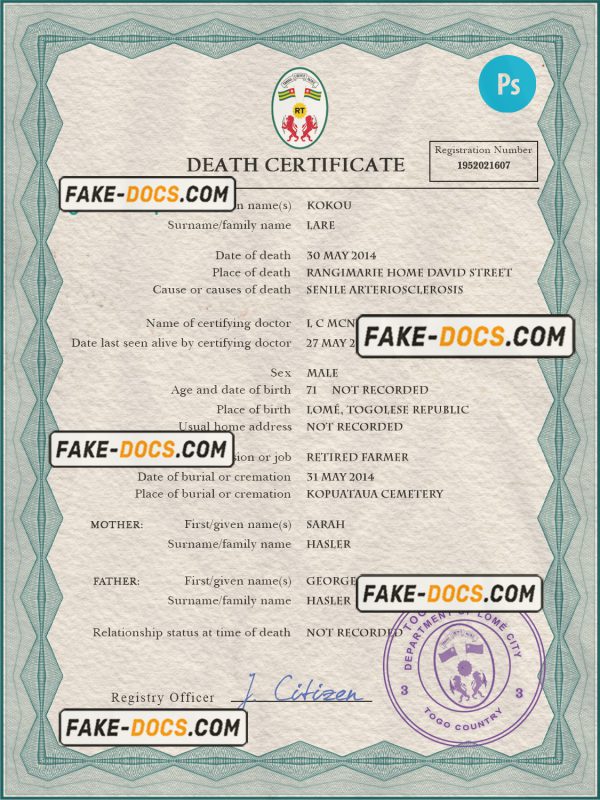 Togo death certificate PSD template, completely editable scan
