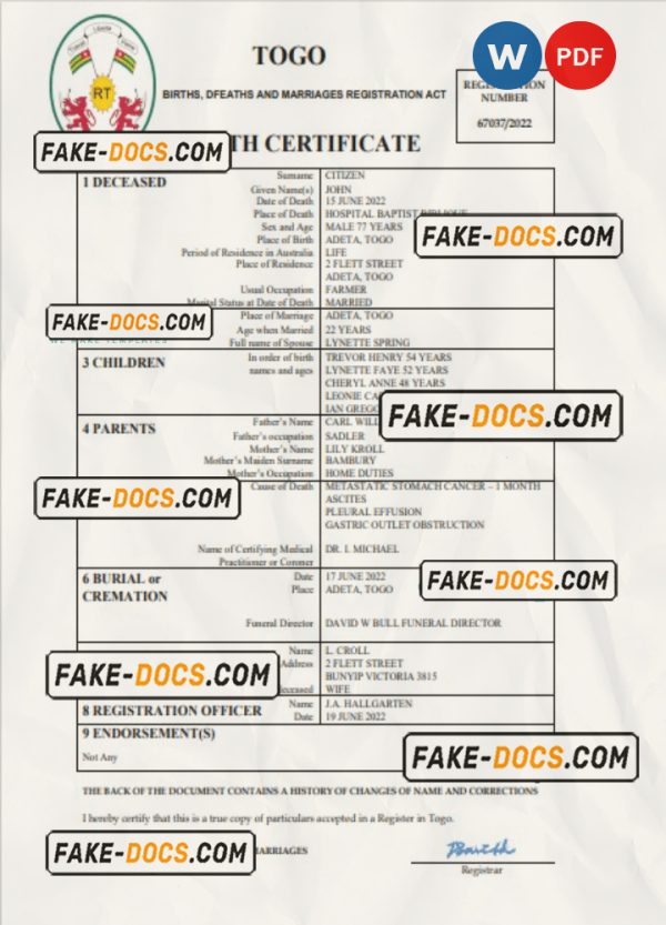 Togo vital record death certificate Word and PDF template scan