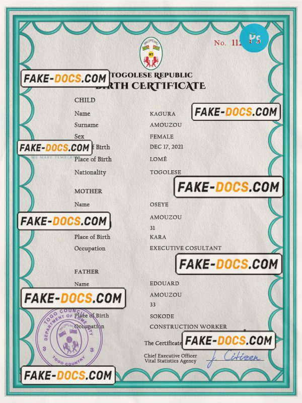 Togo birth certificate PSD template, completely editable scan