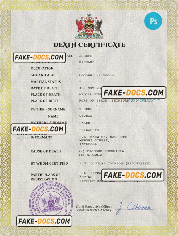 Trinidad and Tobago vital record death certificate PSD template, completely editable scan