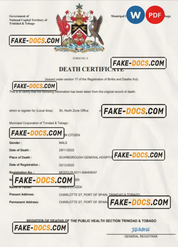 Trinidad and Tobago death certificate Word and PDF template, completely editable scan