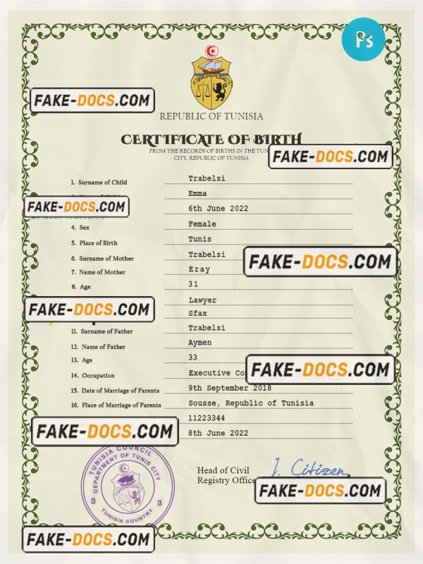 Tunisia vital record birth certificate PSD template scan