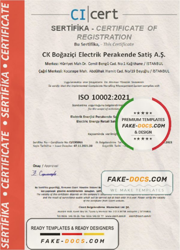 Turkey Cicert certificate template in Word and PDF format, fully editable scan