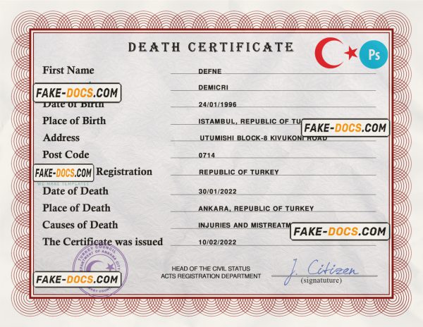 Turkey death certificate PSD template, completely editable scan