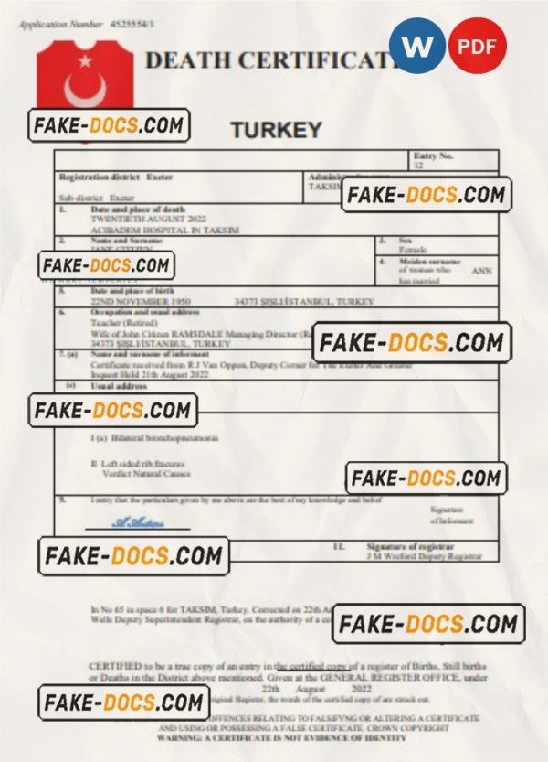 Turkey vital record death certificate Word and PDF template scan