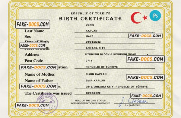 Turkey birth certificate PSD template, completely editable scan