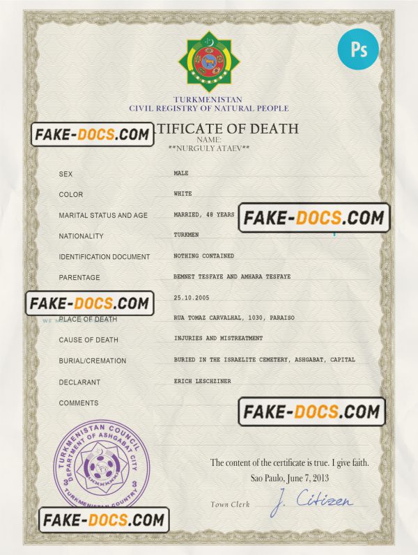Turkmenistan death certificate PSD template, completely editable scan
