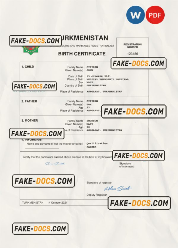 Turkmenistan vital record birth certificate Word and PDF template, completely editable scan