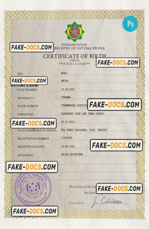Turkmenistan vital record birth certificate PSD template, fully editable scan
