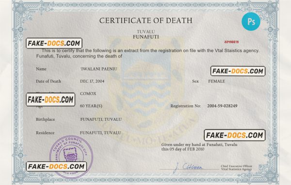 Tuvalu vital record death certificate PSD template, completely editable scan