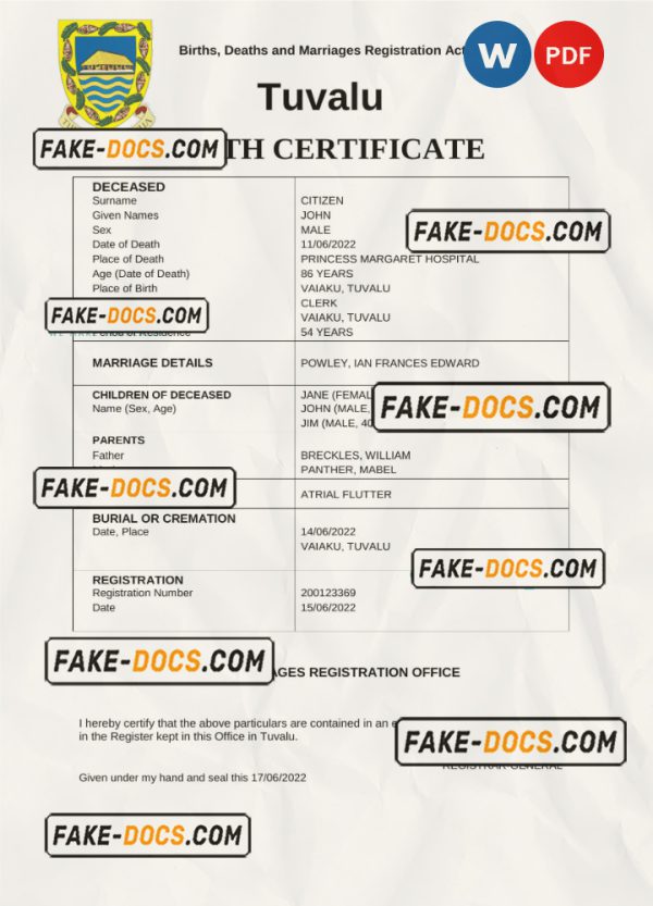 Tuvalu vital record death certificate Word and PDF template scan