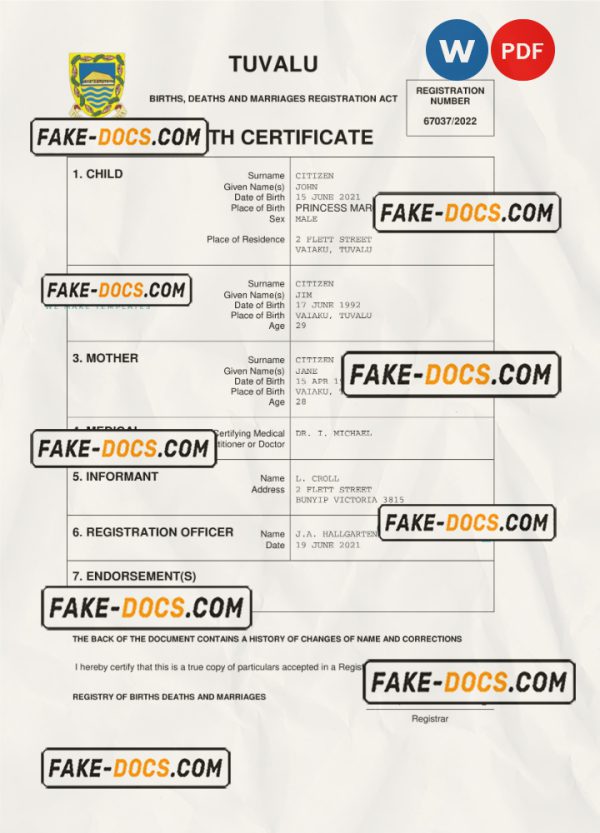 Tuvalu birth certificate Word and PDF template, completely editable scan