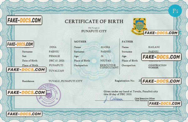 Tuvalu vital record birth certificate PSD template scan