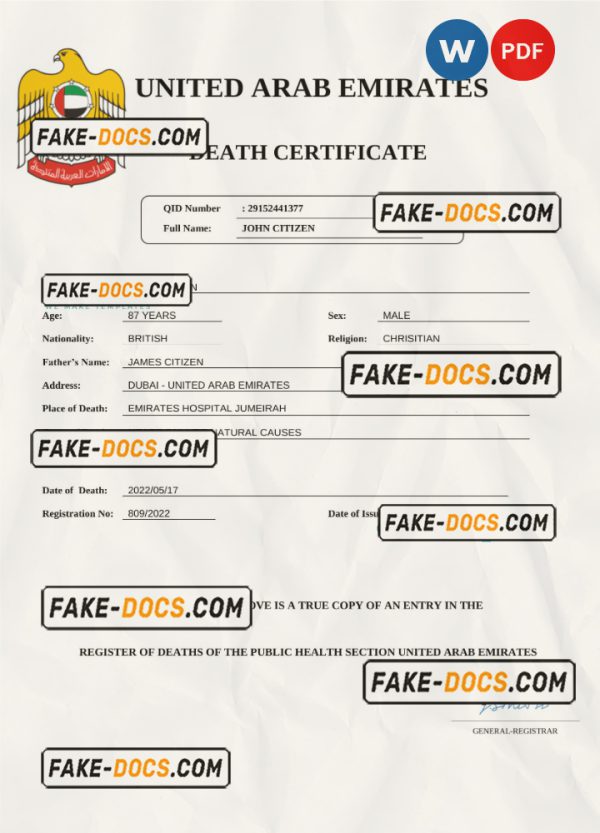 UAE vital record death certificate Word and PDF template scan
