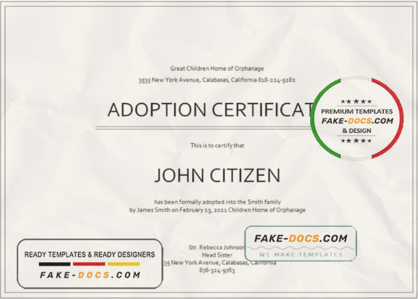 USA Adoption Certificate template in Word and PDF format scan