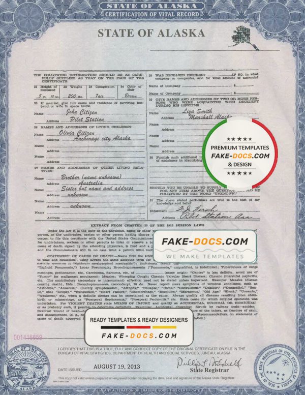 USA Alaska state birth certificate template in PSD format, fully editable scan
