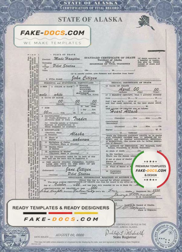 USA Alaska state death certificate template in PSD format, fully editable scan