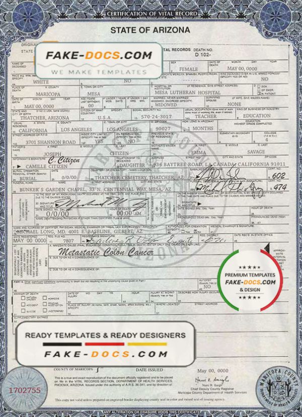 USA Arizona state death certificate template in PSD format scan