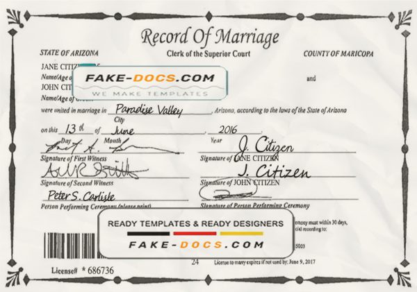 USA Arizona state marriage certificate template in PSD format scan