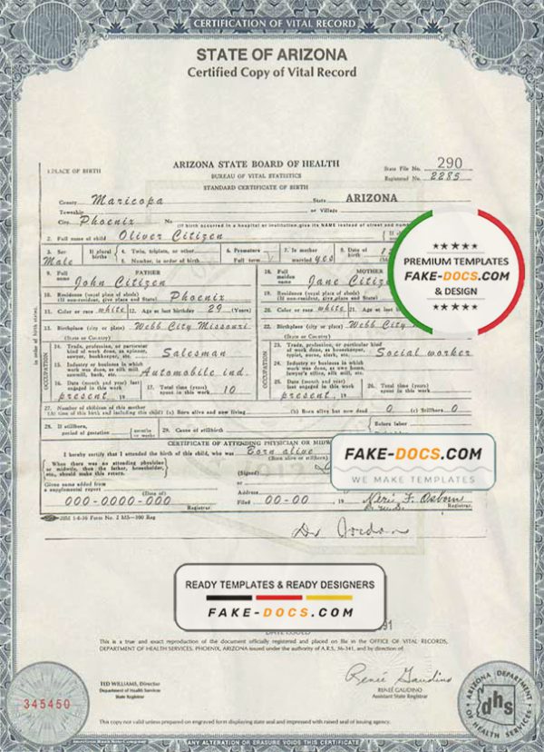 USA Arizona state birth certificate template in PSD format, fully editable scan