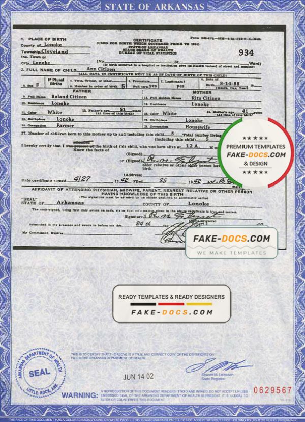 USA Arkansas state birth certificate template in PSD format, fully editable scan