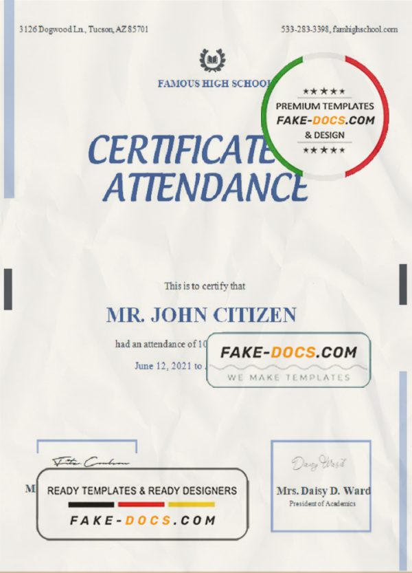USA Attendance Certificate template in Word and PDF format scan