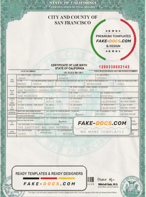 USA California state birth certificate template in PSD format, fully editable scan