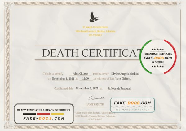 USA Certificate of Death template in Word and PDF format scan