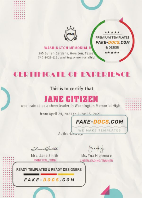 USA Cheerleader Certificate template in Word and PDF format scan